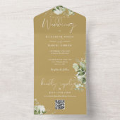 Gouden groene bloemencode QR Monogram bruiloft All In One Uitnodiging (Binnen)