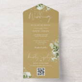 Gouden groene bloemencode QR Monogram bruiloft All In One Uitnodiging (Binnen)