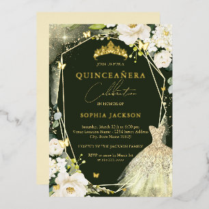 Gouden groene bloemenkroon Tiara jurk quinceanera Folie Uitnodiging