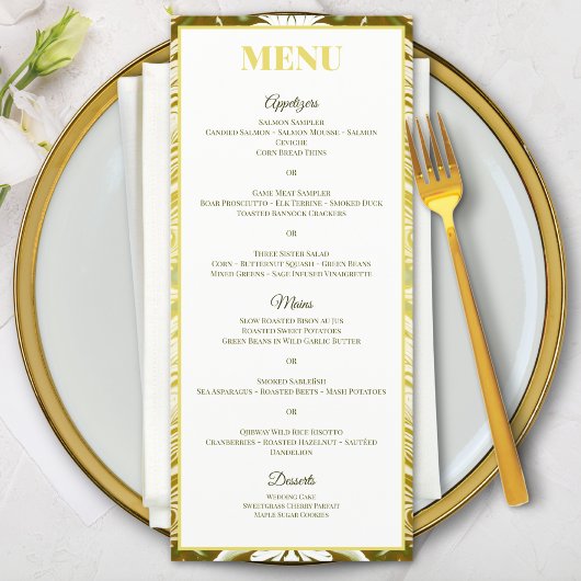 Gouden Groene Damast Bruiloft Menu