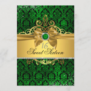 Gouden groene damast Sweet Sixteen uitnodiging