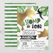 Gouden Groene Dinosaurus Verjaardag uitnodiging (Voorkant / Achterkant)
