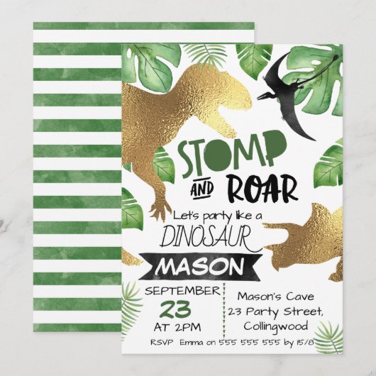 Gouden Groene Dinosaurus Verjaardag uitnodiging (Voorkant / Achterkant)