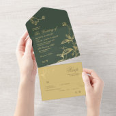 Gouden groene elegante botanische bruiloft all in one uitnodiging (Afscheurbaar)