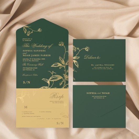 Gouden groene elegante botanische bruiloft all in one uitnodiging