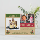 Gouden, groene en rode moderne kerstkaart met 3 fo (Staand voorkant)