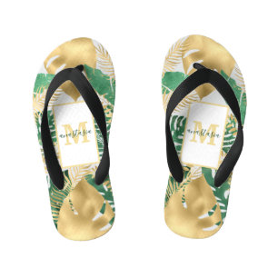 Gouden Groene Grote Tropische Bladeren Paar Slippe Kinder Teenslippers