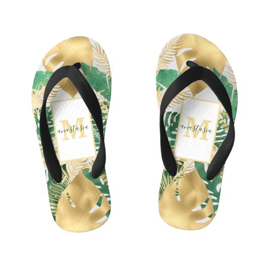 Gouden Groene Grote Tropische Bladeren Paar Slippe Kinder Teenslippers (Voetbed)