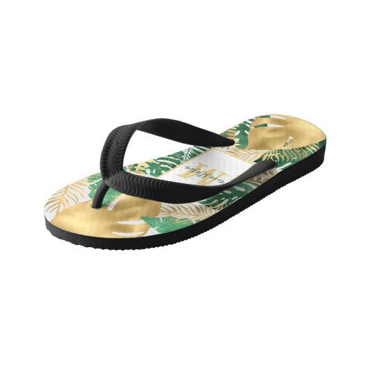 Gouden Groene Grote Tropische Bladeren Paar Slippe Kinder Teenslippers (Schuin)