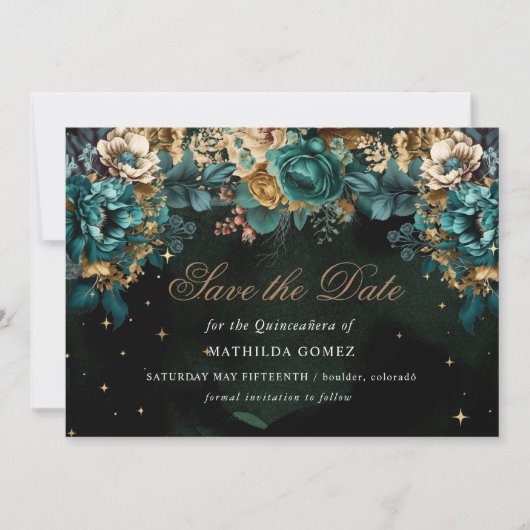 Gouden Groene Hemelse Quinceañera Save The Date Kaart (Voorkant)