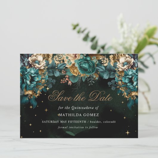 Gouden Groene Hemelse Quinceañera Save The Date Kaart (Staand voorkant)