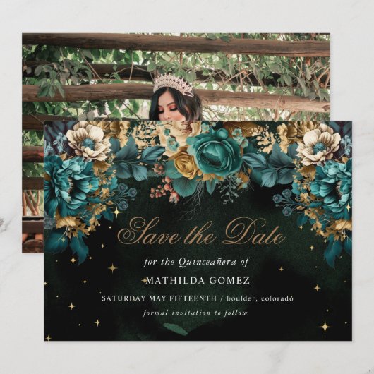 Gouden Groene Hemelse Quinceañera Save The Date Kaart (Voorkant / Achterkant)
