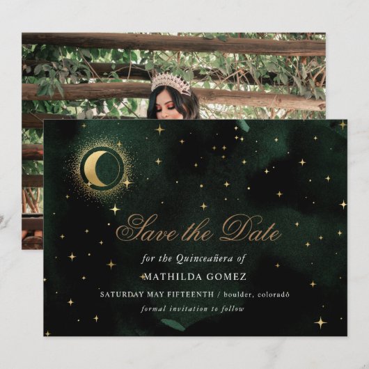 Gouden Groene Hemelse Quinceañera sparen de datum Kaart (Voorkant / Achterkant)