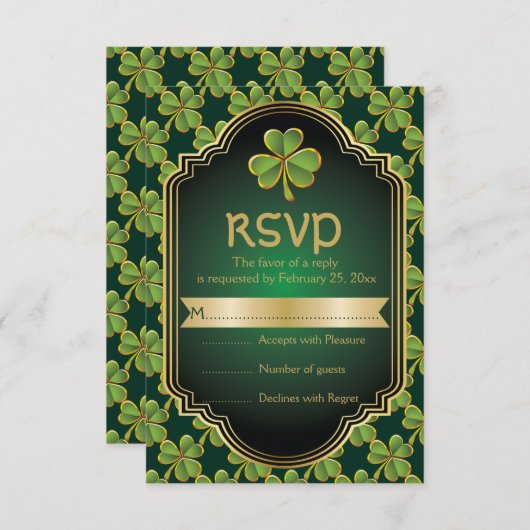 Gouden, groene Ierse klaver en lijst bruiloft RSVP (Voorkant / Achterkant)