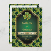 Gouden, groene Ierse klaverbruiloft Save the Date Aankondigingskaart (Voorkant / Achterkant)