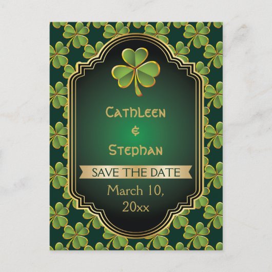 Gouden, groene Ierse klaverbruiloft Save the Date Aankondigingskaart (Voorkant)