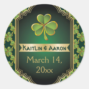 Gouden, groene Ierse klaverbruiloft Save the Date Ronde Sticker