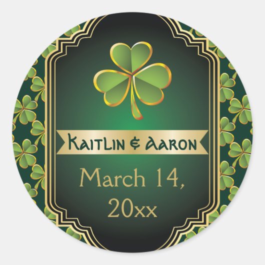 Gouden, groene Ierse klaverbruiloft Save the Date Ronde Sticker (Voorkant)