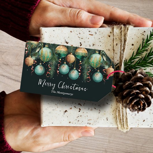 Gouden groene kerstboomornamenten cadeaulabel