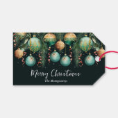 Gouden groene kerstboomornamenten cadeaulabel (Voorkant (Horizontaal))