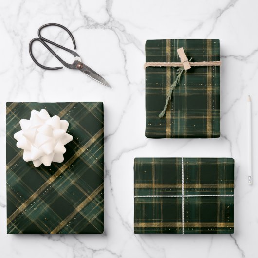 Gouden Groene Kerstvakantie Plaid Inpakpapier Vel (Voorkant)