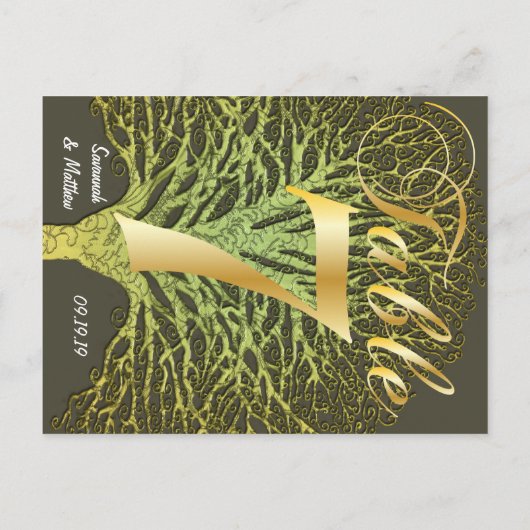 Gouden groene kronkelende boom tafel nummer 7 briefkaart (Achterkant)