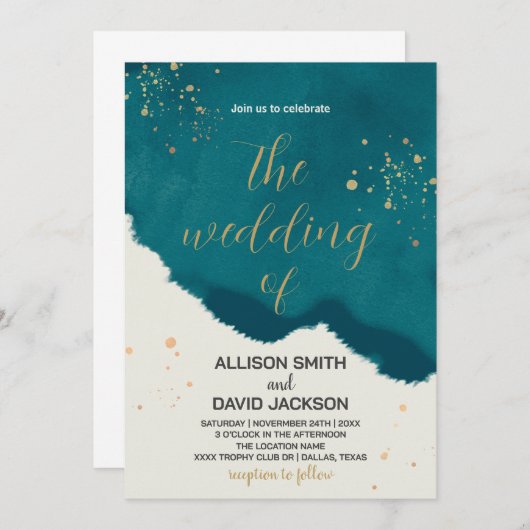 Gouden Groene Kunst Bruiloft Uitnodigingen (Voorkant / Achterkant)