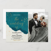 Gouden Groene Kunst Bruiloft Uitnodigingen met fot (Voorkant / Achterkant)