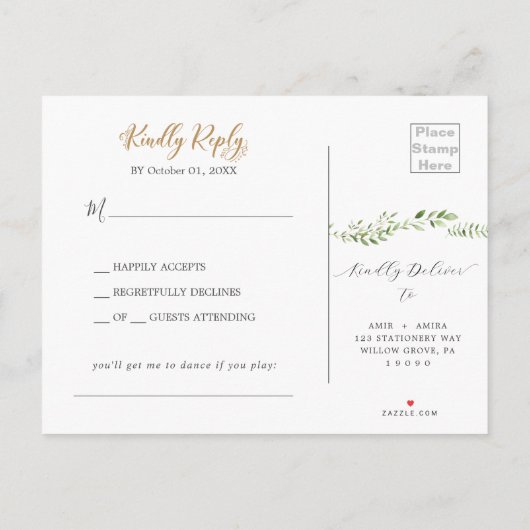 Gouden Groene Lied Verzoek RSVP Briefkaart (Achterkant)