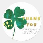 Gouden Groene Lucky Clover 1e Verjaardag Dank u Ronde Sticker (Voorkant)