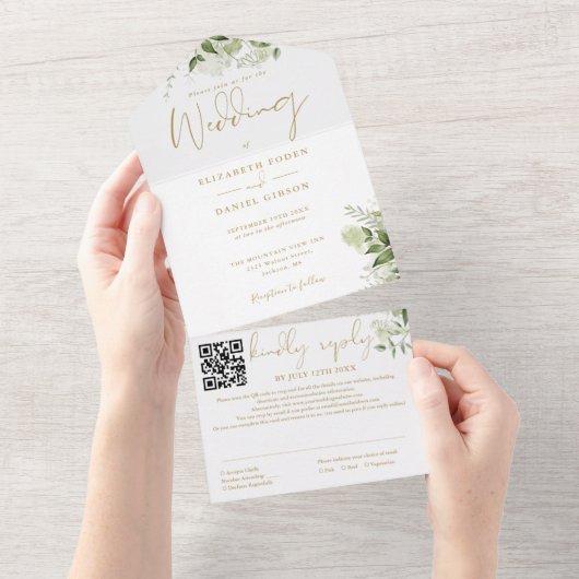 Gouden Groene Monogram QR Code Trouwdag All In One Uitnodiging (Afscheurbaar)