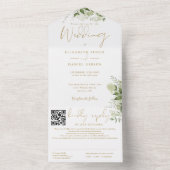 Gouden Groene Monogram QR Code Trouwdag All In One Uitnodiging (Binnen)