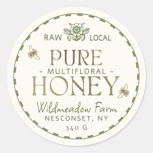 Gouden Groene Multiflorale Rauwe Lokale Honing Bij Ronde Sticker (Voorkant)