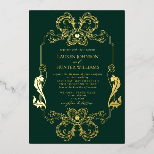  gouden groene oranje lijn Kunstmonogram bruiloft Folie Uitnodiging (Voorkant)