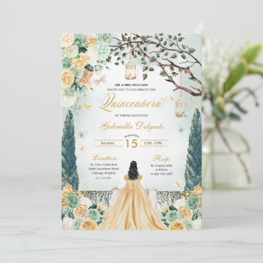Gouden Groene Prinses Betoverde Tuin Quinceanera Kaart (Staand voorkant)
