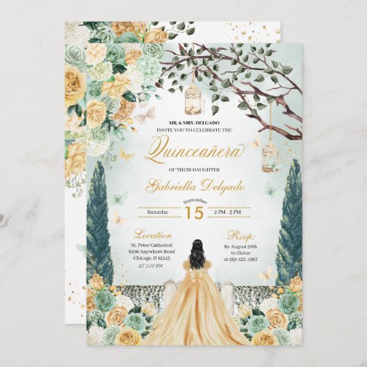 Gouden Groene Prinses Betoverde Tuin Quinceanera Kaart (Voorkant / Achterkant)