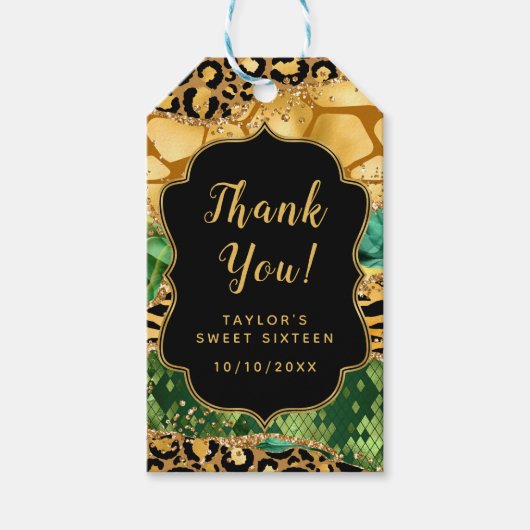 Gouden groene safari agaat zoet zestien dank u cadeaulabel (Voorkant)
