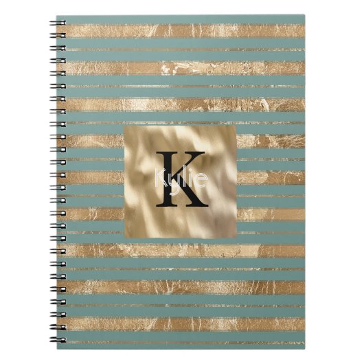 Gouden groene strepen monogram naam notitieboek (Voorkant)