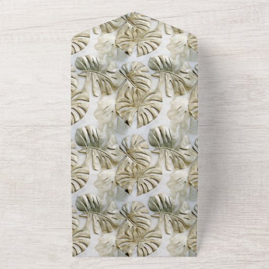 Gouden groene tropische bladeren all in one uitnodiging (Buitenkant)