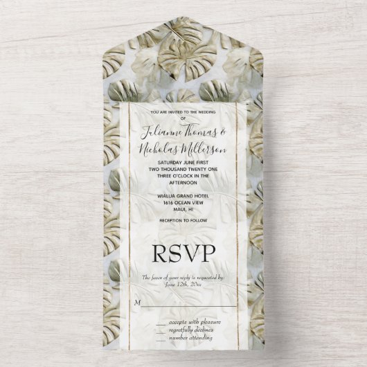 Gouden groene tropische bladeren all in one uitnodiging (Binnen)