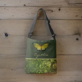 Gouden Groene Vlinder met Boho Foliage Monogram Crossbody Tas
