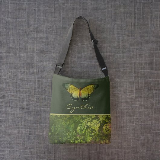 Gouden Groene Vlinder met Boho Foliage Monogram Crossbody Tas