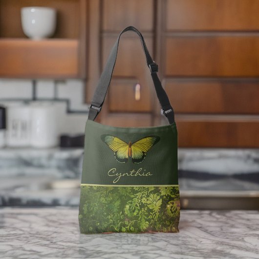 Gouden Groene Vlinder met Boho Foliage Monogram Crossbody Tas
