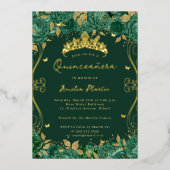 Gouden Groene Wervelrol Floral Quinceanera Folie Uitnodiging (Voorkant)