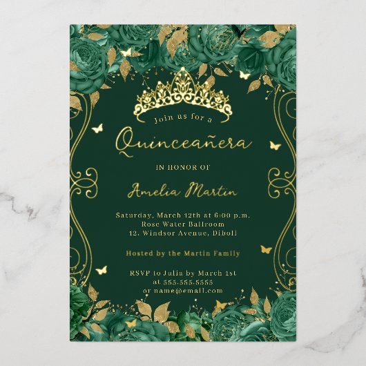 Gouden Groene Wervelrol Floral Quinceanera Folie Uitnodiging (Voorkant)