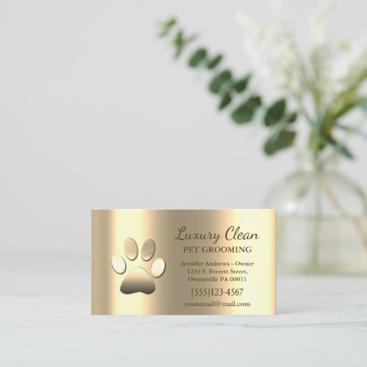 Gouden Grooming Service Paw Print Metallic Visitekaartje (Staand voorkant)