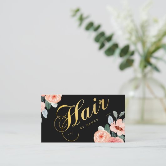 Gouden Haarsalon Kalligrafie Waterverf Bloemen Visitekaartje (Staand voorkant)