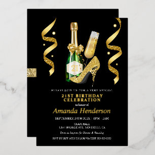 Gouden Hakken en Champagne Vrouwelijke Verjaardag Folie Uitnodiging