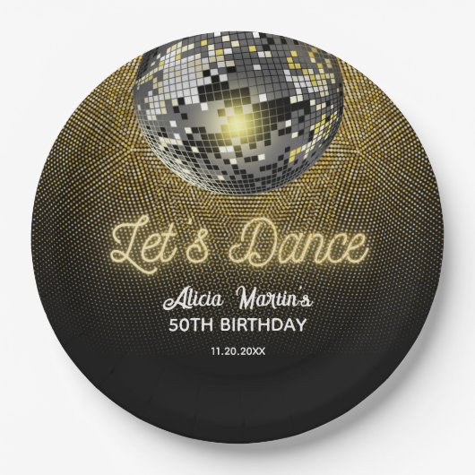 Gouden Halftoon Disco Ball Laten we dansen Verjaar Papieren Bordje (Voorkant)