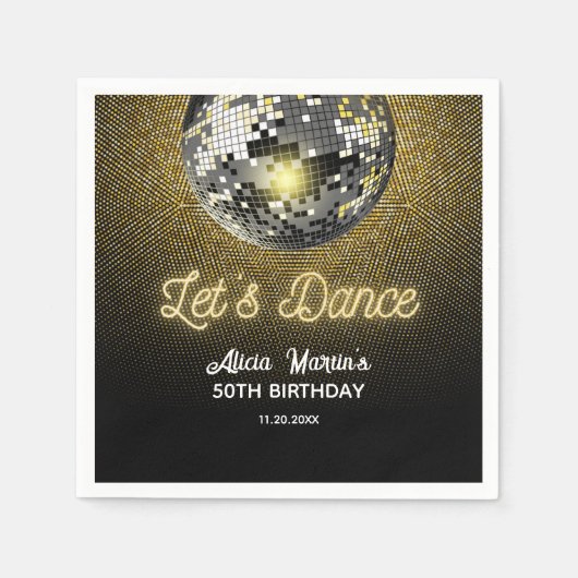 Gouden Halftoon Disco Ball Laten we dansen Verjaar Servet (Voorkant)